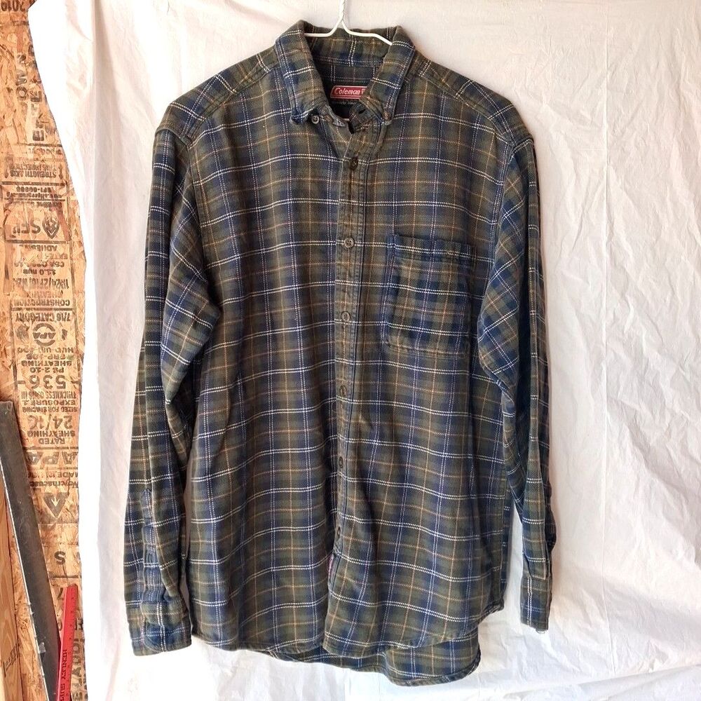 ​COLEMAN MENS MEDIUM FLANNEL SHIRT GREEN BLUE PLAID LONG SLEEVE BUTTON DOOWN